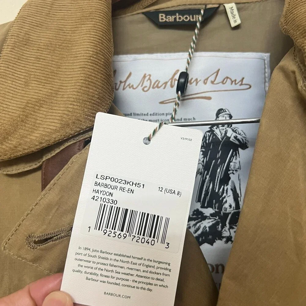 Barbour Re Eng HAYDON Cotton Camel Sand Brown Trench Coat Belted Classic US8